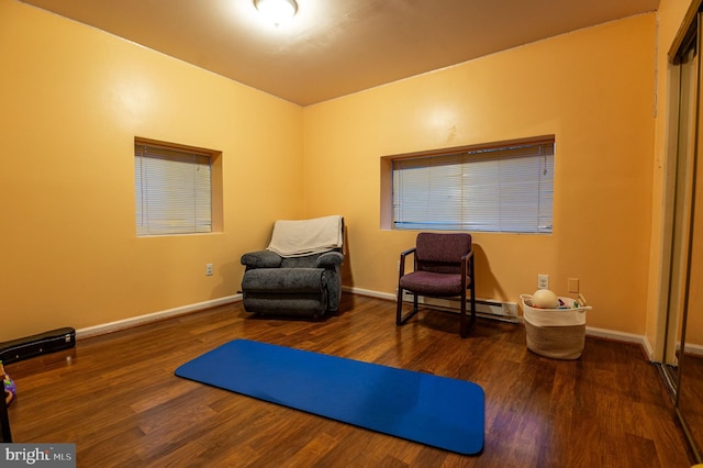 living area featuring a baseboard radiator and dark hardwood / wood-style floors