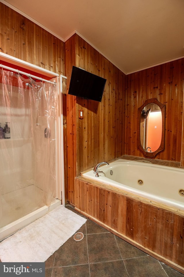 bathroom featuring ornamental molding, tile patterned flooring, and wood walls