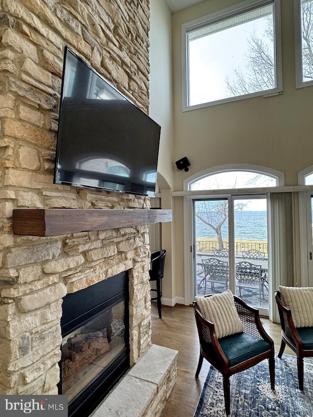 living area with a fireplace, a towering ceiling, and wood-type flooring