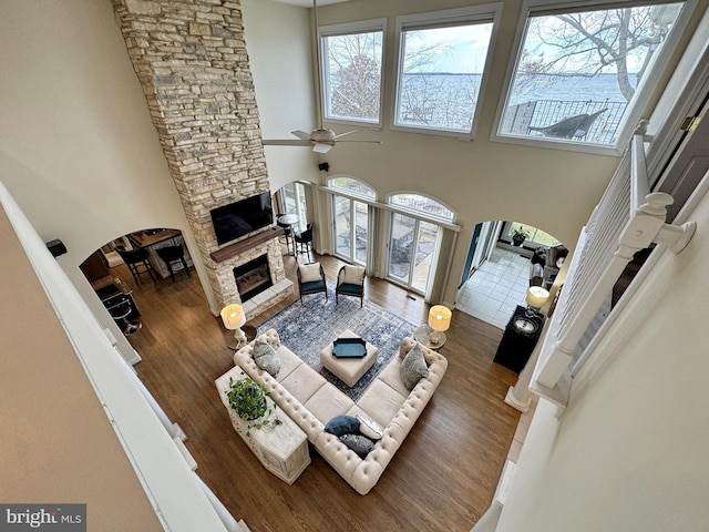 living room with a stone fireplace, wood-type flooring, a healthy amount of sunlight, and a high ceiling