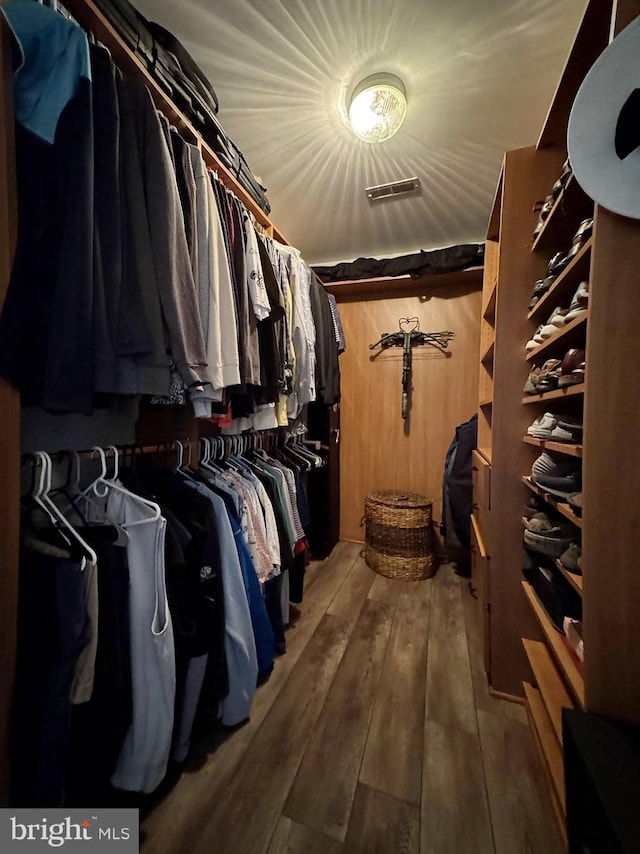 walk in closet with wood-type flooring