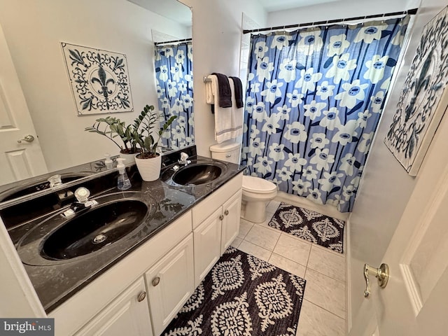 bathroom featuring tile patterned flooring, vanity, walk in shower, and toilet