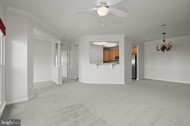 unfurnished living room with crown molding, ceiling fan with notable chandelier, and light carpet