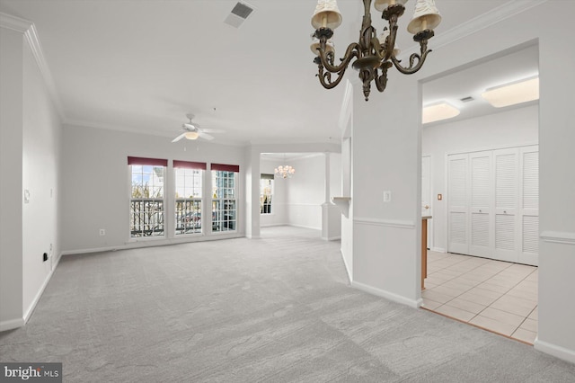 unfurnished living room with ornamental molding, ceiling fan with notable chandelier, and light colored carpet