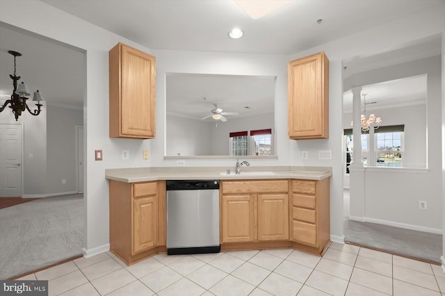 kitchen with light brown cabinetry, sink, light carpet, and dishwasher