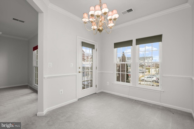 unfurnished dining area with an inviting chandelier, crown molding, and light colored carpet