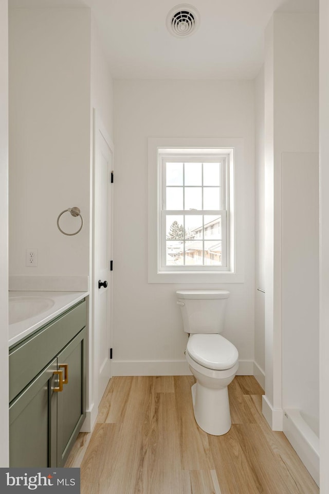 bathroom with vanity, wood-type flooring, and toilet