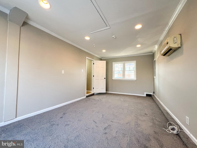 spare room with ornamental molding, carpet floors, and an AC wall unit