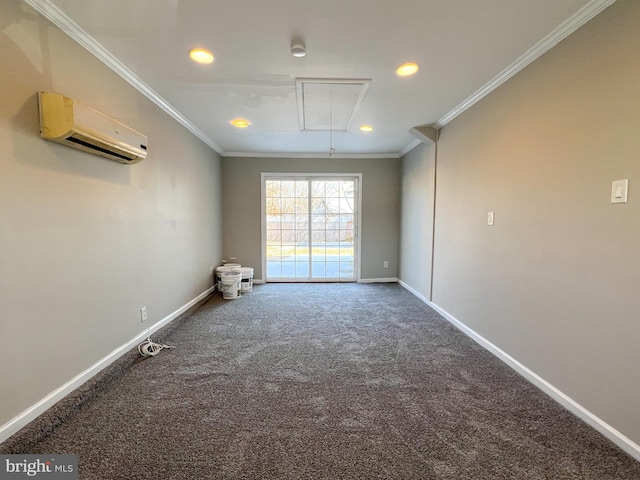 carpeted empty room featuring crown molding and a wall mounted air conditioner