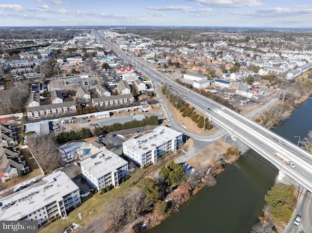 drone / aerial view with a water view