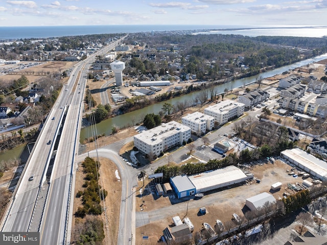 drone / aerial view featuring a water view