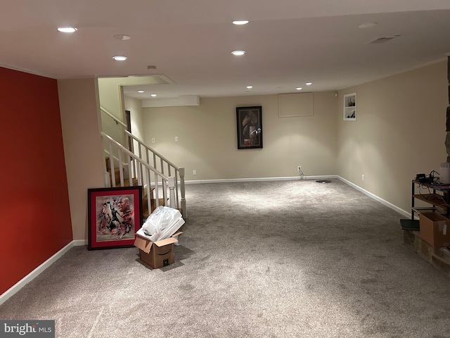 basement with carpet flooring