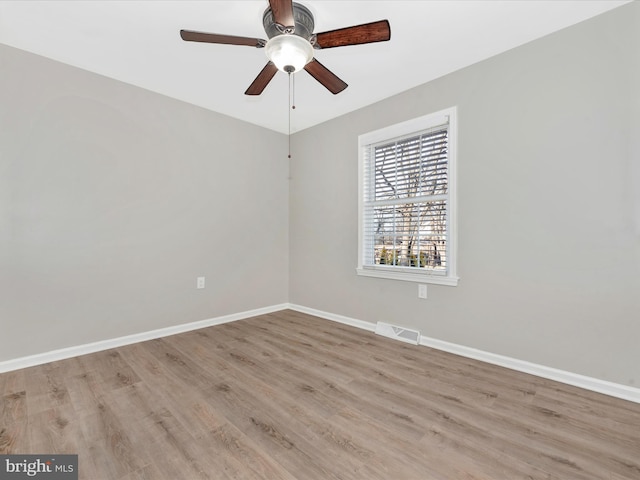 empty room featuring ceiling fan and light hardwood / wood-style floors