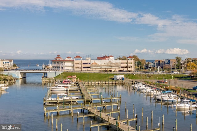 view of dock with a water view