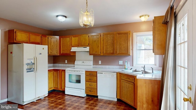 kitchen with dark floors, light countertops, a sink, white appliances, and under cabinet range hood