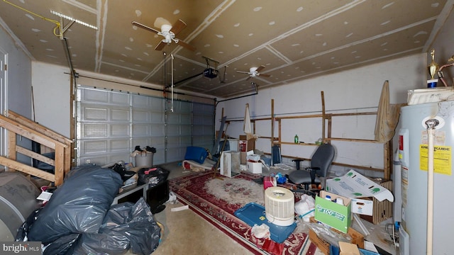 garage featuring water heater and a garage door opener