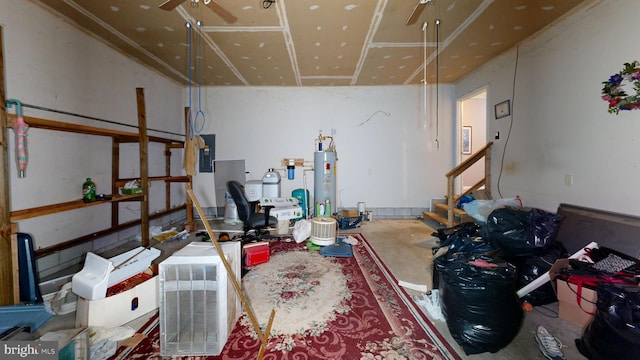 interior space featuring stairs, a ceiling fan, electric water heater, and electric panel