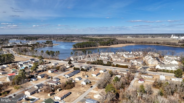 aerial view with a water view and a residential view