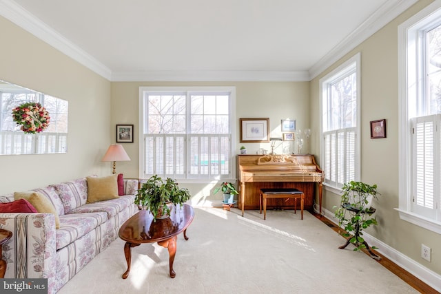 living room with crown molding and plenty of natural light