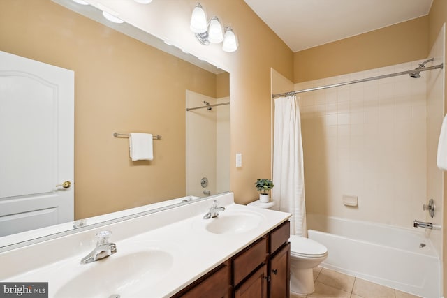 full bathroom with tile patterned flooring, vanity, shower / bath combination with curtain, and toilet