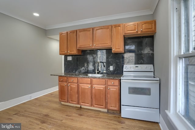 kitchen featuring sink, backsplash, light wood-type flooring, and white range with electric cooktop