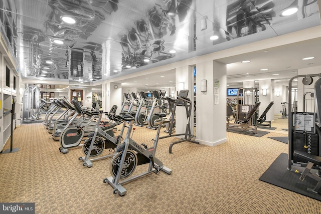 workout area with carpet flooring