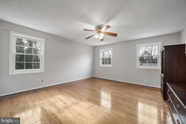 unfurnished living room featuring ceiling fan and light hardwood / wood-style floors