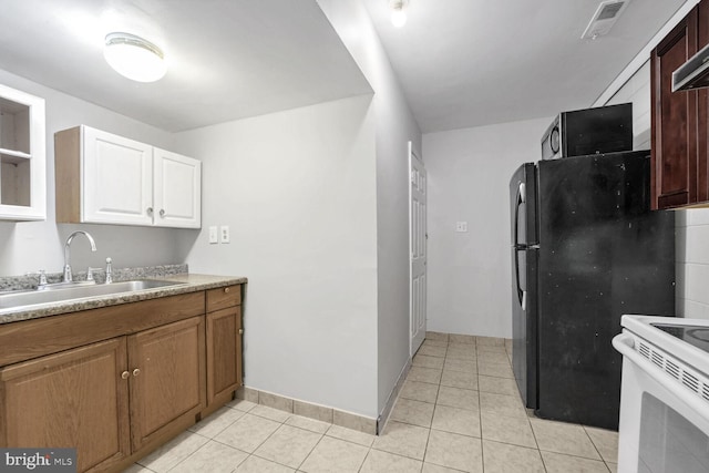 kitchen with sink, light tile patterned floors, white cabinets, and white range with electric cooktop