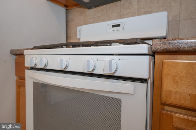 interior details featuring tasteful backsplash and white range with gas stovetop