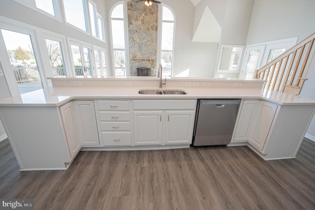 kitchen with white cabinetry, stainless steel dishwasher, dark wood-type flooring, and sink