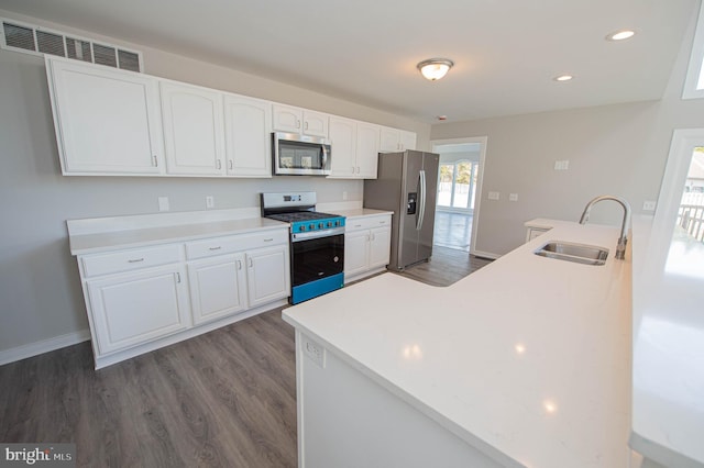 kitchen with white cabinetry, appliances with stainless steel finishes, dark hardwood / wood-style floors, and sink