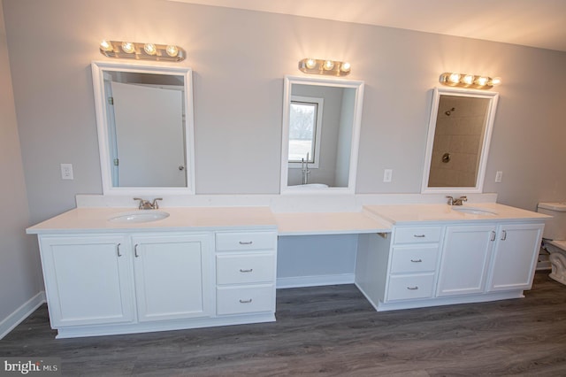 bathroom featuring vanity, hardwood / wood-style flooring, and toilet