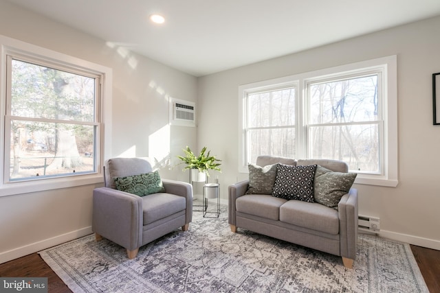 living area featuring baseboard heating, wood-type flooring, and a wall unit AC