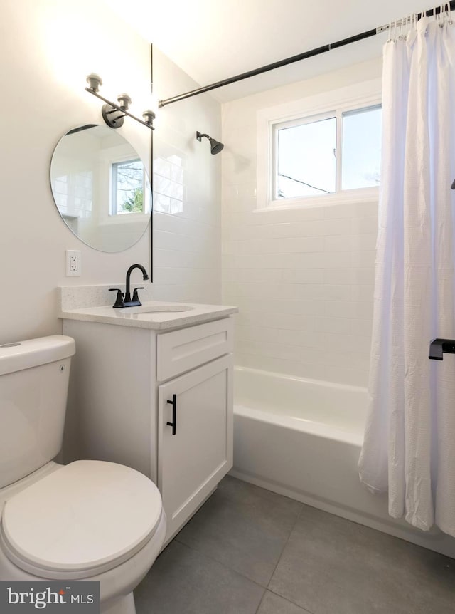 full bathroom with shower / bathtub combination with curtain, vanity, tile patterned flooring, and a wealth of natural light