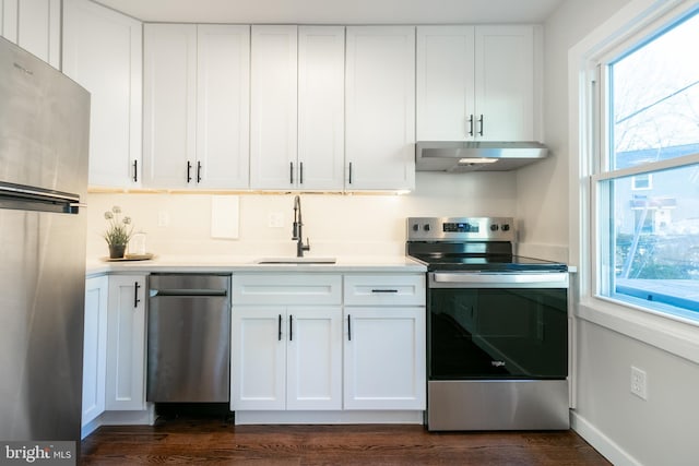 kitchen featuring dark wood-type flooring, stainless steel appliances, sink, and white cabinets