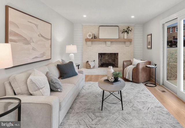 living room featuring a healthy amount of sunlight, a fireplace, and light wood-type flooring