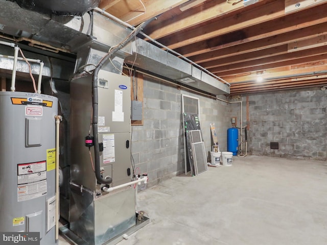 basement with heating unit and water heater