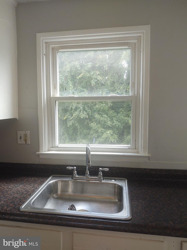 interior details featuring sink and white cabinets