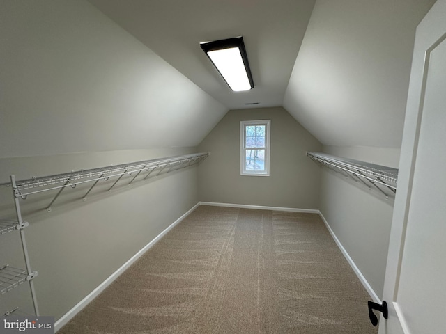 walk in closet with carpet flooring and vaulted ceiling