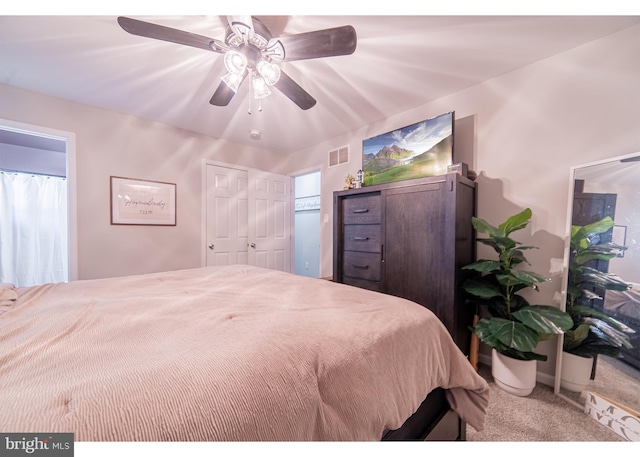 bedroom featuring carpet floors and ceiling fan