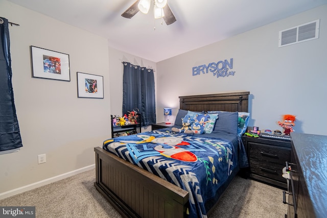 bedroom featuring ceiling fan and carpet flooring