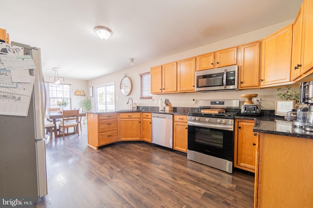 kitchen with appliances with stainless steel finishes, dark hardwood / wood-style floors, sink, hanging light fixtures, and kitchen peninsula