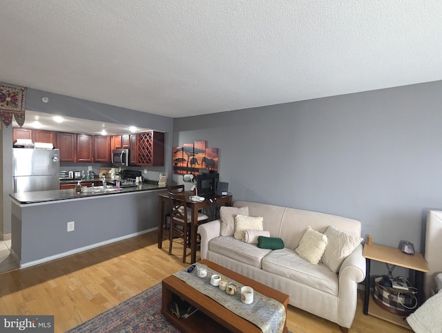 living room featuring a textured ceiling and light wood-type flooring