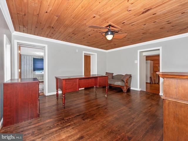 sitting room featuring wooden ceiling, a ceiling fan, baseboards, ornamental molding, and dark wood-style floors