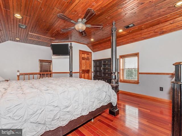 bedroom with lofted ceiling, wooden ceiling, wood finished floors, and visible vents