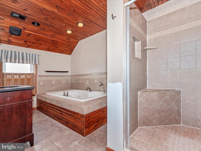 full bath featuring lofted ceiling, wooden ceiling, tile patterned flooring, vanity, and a shower stall