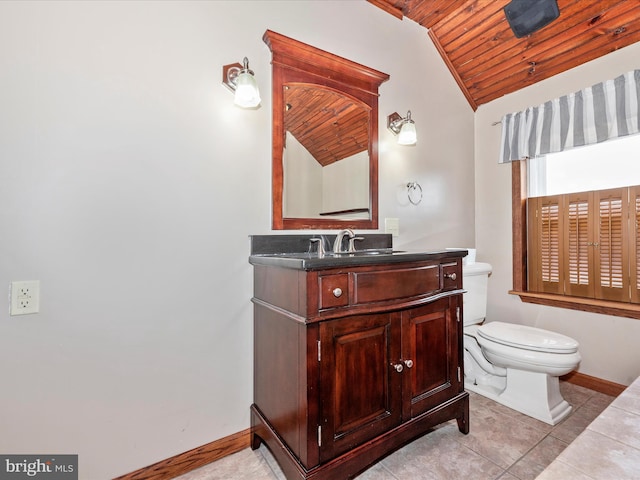 bathroom featuring lofted ceiling, toilet, vanity, wooden ceiling, and baseboards