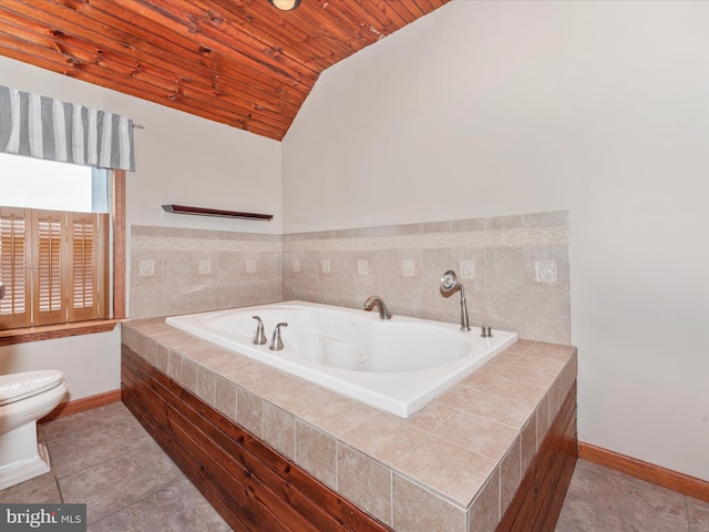 bathroom with lofted ceiling, wooden ceiling, a garden tub, toilet, and tile patterned floors