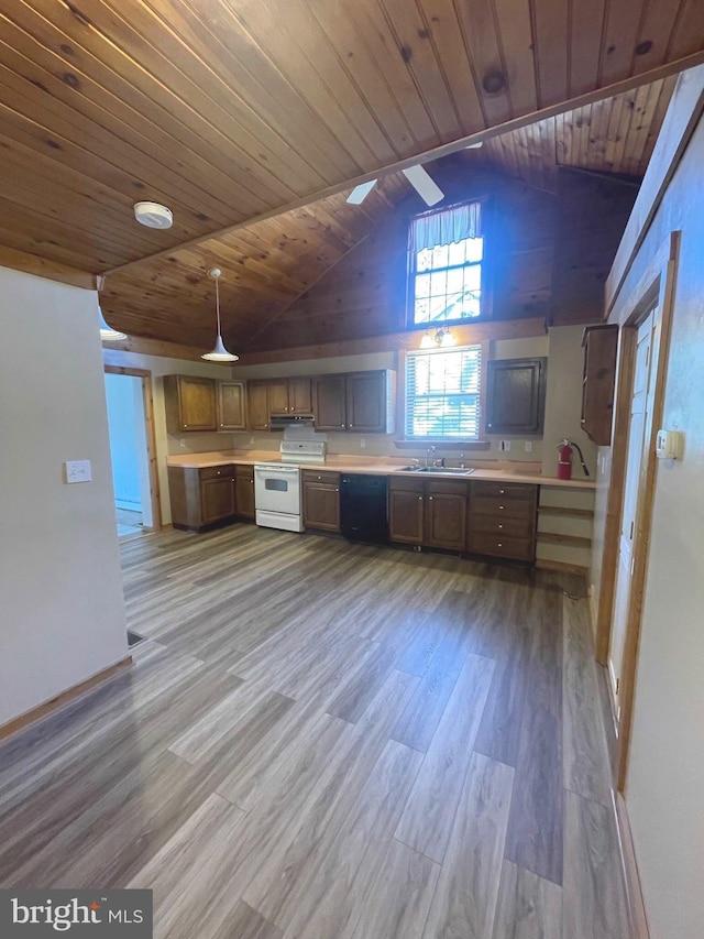 kitchen featuring electric stove, sink, wood ceiling, dishwasher, and light hardwood / wood-style floors