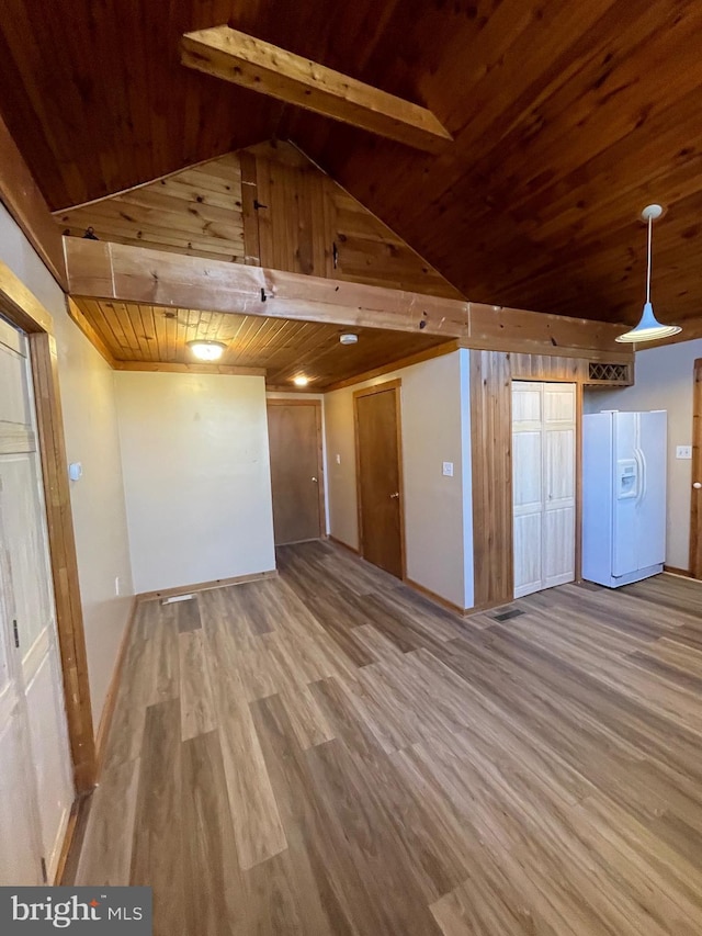 interior space with lofted ceiling, wood ceiling, and hardwood / wood-style flooring